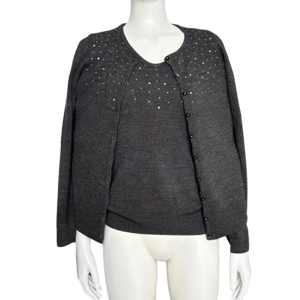 Karen Scott Grey Acrylic Cardigan And Pullover Sweater Set S